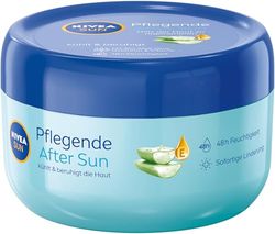 NIVEA SUN Bálsamo nutritivo After Sun, loción refrescante después de tomar el sol, bálsamo calmante con aloe vera orgánico y ácido hialurónico para 48 horas de hidratación (300 ml)