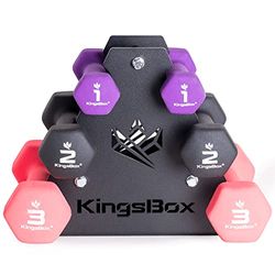 KingsBox Juego de Entrenamiento con Mancuernas de Neopreno, 3 Pesos Diferentes, Estante Incluido, Entrenamiento, Hogar y Gimnasio