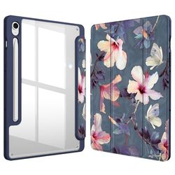 Fintie Hybrid Slim Case for Samsung Galaxy Tab S9 11 Inch 2023 Model (SM-X710/X716B/X718U) with S Pen Holder, Shockproof Cover with Clear Transparent Back Shell, Auto Wake/Sleep, Blooming Hibiscus