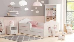 Dmora - Lit d'enfant Poznan, Couchette pour Chambre d'enfant, Ensemble de Chambre, Support de Matelas, 85x164 h63 cm, Blanc avec Licorne