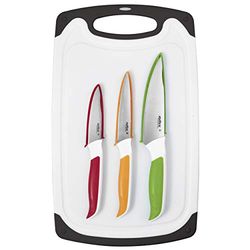 Zyliss E920249 Comfort knivset 3 delar med skärbrädor, japanskt rostfritt stål, flerfärgade, grönsakskniv, grönsakskniv med tandad kant, skalkniv, skärbrädor, diskmaskinssäker