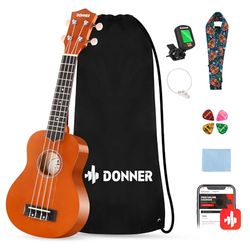 Donner Ukelele voor beginners, sopraanukelele, 53,3 cm, voor volwassenen, met tas, stemgordel, mahoniekleur met online les