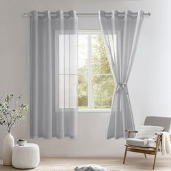 DWCN Cortinas Blancas de Gasa Transparente con Ojales, para Dormitorio, habitación Infantil, salón, Juego de 2 Unidades, Gris, 160 x 140 cm (Alto x Ancho)