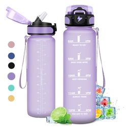 Drinkfles, 1 l, lekvrije fitnessfles, motiverende drinkfles met rietje, sportwaterfles met tijdweergave, drinkfles voor volwassenen, fiets, reizen, sport, school