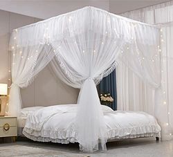 VETHIN 4 hörn stolpe volang prinsessa säng baldakin gardin – dubbla lager mysigt draperingsnät 4 öppningar myggnät för flickor vuxna sovrumsdekoration (vit/vit, 162 cm B x 208 cm L x 208 cm x