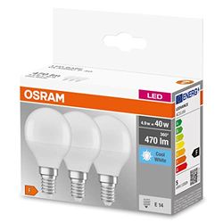 OSRAM LED BASE Classic P40, LED-lampor med frostat filament i glas för E14-sockel, ljusform, kallt vitt (4000K), 470 lumen, ersätter vanliga 40W-lampor, låda med 3 st.