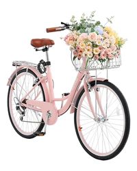 VEVOR Bicicletta Cruiser 7 Velocità da 26 pollici Bicicletta da Crociera con Cestino e Portapacchi Posteriore, Bicicletta Cruiser per Spiaggia Tempo Libero con Sedile Regolabile Colore Rosa