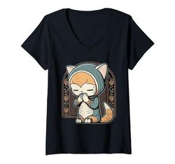 Mujer Meditar Gatito Santo Gato Mediador Fe Dios Religión Camiseta Cuello V