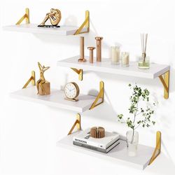 BAKAJI Lot de 4 étagères murales en bois blanc avec supports en métal doré, étagère murale multi-usages montage créatif, étagère pour chambre à coucher, salon, cuisine, salle de bain, bibliothèque peu