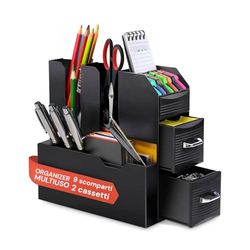 Avilia Organizador de escritorio con 9 compartimentos y 2 cajones – Almacenamiento multiusos para oficina y casa – Caja para bolígrafos, accesorios, documentos – Diseño elegante y ahorra espacio