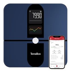 TERRAILLON - COLOR CONNECT - Bluetooth-ansluten våg, hjärtfrekvens, massa: fett-muskel-vattenben, BMI, kapacitet 180 kg, 50 g gradering, multidisplay färgskärm, blå