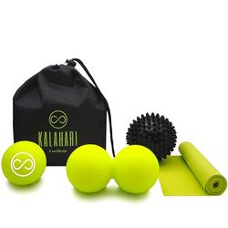 KALAHARI Massagebal SET, 4 in 1 plus E-boek met oefeningen in het Nederlands – Dubbele bal, Massagebal, Lacrosse, Elastische Band en Handige tas - voor Triggerpointtherapie en Myofasciale Massage