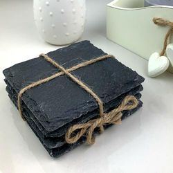 Slate Coaster Set 12 Square, 100% Natural Slate, Anti-Scratch Foam Feet, Great Gift Idea, Size: 10x10x1cm, Black