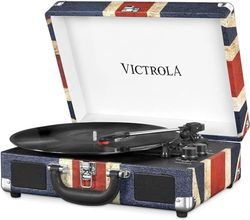 Victrola Journey Portable Record Player – Suitcase 5.0 Bluetooth turntable with 3-Speeds, Built-in Stereo Speakers, 3.5mm Aux-in Jack, UK Flag (VSC-550BT)