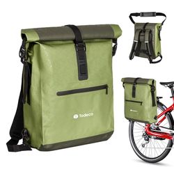 Todeco Borsa da bicicletta per portapacchi 3 in 1 (20L), 100% impermeabile e riflettente con tasca per laptop rimovibile, Borsa a Tracolla per Bicicletta， Verde oliva