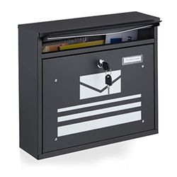 Relaxdays brievenbus met slot, met tekening van enveloppe, afsluitbaar, 2 sleutels, HBD: 31 x 36 x 11 cm, staal, zwart