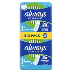 Always Ultra Day Sanitary Towels Normal (Size 1) 26 Pads, Super Absorbent and Ultra Thin, for Menstrual Periods