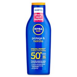 NIVEA SUN Protect & Hydrata Solar Lotion FP50+ (200 ml), snabbabsorberande och vattentät 50 solkräm, fuktgivande skydd med C-vitamin och hyaluronsyra, mycket högt UVA/UVB-skydd