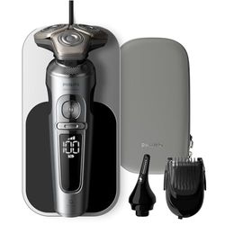 Philips Serie 9000 Prestige Afeitadora Eléctrica Hombre, Maquina de Afeitar Barba, Barbero, Naricero, Lift&Cut, Tecnologia SkinIQ, Inalambrica, Recargable, Base Carga QI, Funda, SP9871/22, Negro Cromo