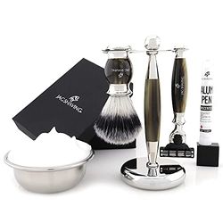 Jag Shaving Shaving Kit - 3 Piece Shaving Set - Jag's Lee Range - 3 Edge Shaving Blade Shaving Razor - Synthetic Silvertip Shaving Brush - Elegant Shaving Stand - Green Horn Imitation