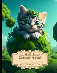 Composition Notebook College Ruled: World Environment Day Illustration, High Detail, Aesthetic, 4K, Earth, Cute, Green, Happy Kitten Sitting Earth in Hand, Size 8.5x11 Inches, 120 Pages