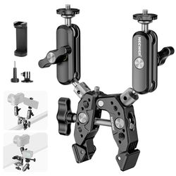 NEEWER Super Clamp + 2 Magic Arm a Doppia Testa Sfera a 360°, Filettature 1/4" 3/8", Adattatore per Telefono e Action Camera per Superfici Piane/Rotonde, Compatibile con GoPro DJI Insta360 DSLR, ST82