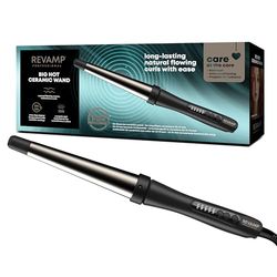 REVAMP Progloss Big Hot Wand, Ferro Arricciacapelli Conico in Ceramica con Tecnologia Ionica per Onde e Ricci Definiti, Infuso con Oli Protettivi, Diametro 32-19 mm, Temperatura 120°C-210°C, Nero