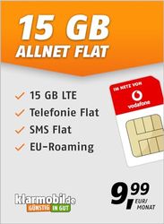 klarmobil Allnet Flat 15 GB – mobiltelefonavtal för Vodafone-nätverket med platt internet, platt telefoni och SMS och EU-roaming – I alla tyska nätverk – 24 månaders avtalstid