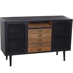 DRW Dressoir met 2 deuren roosters en 5 laden van metaal en MDF-hout in zwart en naturel, 124 x 40 x 70 cm