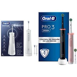 Oral-B Aquacare Pro-Expert Irrigador Dental Inalámbrico Con Tecnología Oxyjet & Pro 3 3900N Cepillos de Dientes Eléctricos (Pack de 2) con Mangos Recargables Negro y Rosa, Regalos Originales