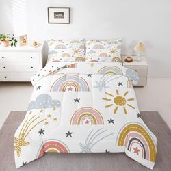 Erosebridal Conjunto de Roupa de Cama Arco-íris para Meninas, Conjunto de edredom de Sol e estrelas, Tamanho Duplo para meninos e crianças, Estilo de desenho Animado nuvem, edredom