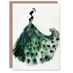 Artery8 Greeting Card Glamorous Peacock Fashion Dress Silhouette For Her Woman Birthday Card