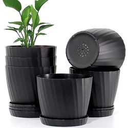 UOUZ 7 tum växtkrukor i bulk, 6-pack plastplanterare med dräneringshål och fat för inomhus utomhus husväxter och blommor, svart