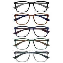 OPULIZE Max Gafas de Lectura - Pack de 5 - Marco Rectangular Clásico Grande - Negro Mate Marrón Azul Verde Gris - Unisex Hombres Mujeres - Bisagras de Resorte - RRRRR78-12367 - +2.00