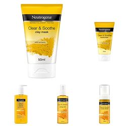 Neutrogena Clear & Soothe 5-Step Skincare Bundle Set | With Tumeric | For Spot-Prone Skin | Make-Up Remover, Mask, Cleanser, Moisturiser, Mist