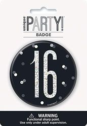 Unique Party - Insignia de Cumpleaños 16-7,5 cm - Diseño de Negro y Plateado Glitz (83505)