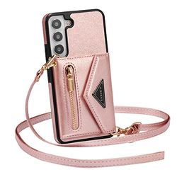 ZCDAYE Hoes voor Samsung Galaxy S22 Plus, Samsung S22 Plus Portemonnee, premium leren telefoonhoes met schouderriem voor Samsung S22 Plus, roségoud