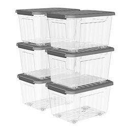 Cetomo 55L* 6 Plastic Opbergdoos, Transparant, Draagtas, Organiserende Container met Duurzaam grijs Deksel en Veilige Klink Gespen, Stapelbaar en Nestable, 6Pack, met Gesp