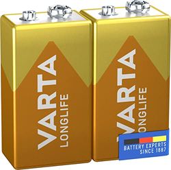 Varta Pilha de 9 V Longlife 6LR61 (embalagem de 2 unidades), pilhas alcalinas E-Block, adequadas para detetores de incêndio, detetores de fumo, afinadores