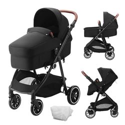 VEVOR Standaard kinderbuggy met babykuip, verstelbare rugleuning met 3e versnelling, opklapbare en omkeerbare zitting, buggy voor pasgeborenen, van koolstofstaal met beenafdekking en net, zwart