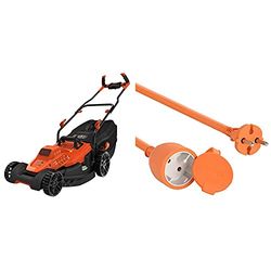 BLACK+DECKER Tondeuse Filaire 1800W, Tondeuse à Gazon Electrique 42 cm, 6 hauteurs réglables 20, 30, 40, 50, 60 et 70 mm & Electraline 20857038F Prolongateur Jardin avec clapet 16 A 25 m Orange