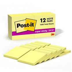 Post-it Super Sticky Notes, Double The Sticking Power, 12 Pads, 1080 Sheets, 76 mm x 76 mm, Canary Yellow - Self-Sticking Notes for Walls, Monitors and Fridge