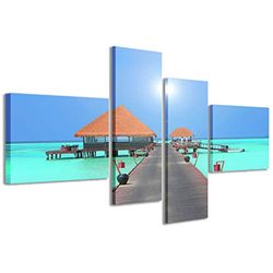 Kunstdruk op canvas, Pier View van de moloafbeelding, moderne afbeeldingen van 4 panelen, klaar om op te hangen, 160 x 70 cm