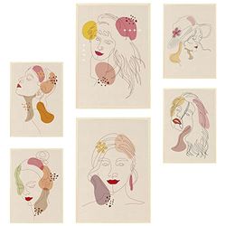 Arterby's® - Set 6 pezzi - Poster Quadro Cornice Tela - Illustrazione Viso Donna Linea Astratta Ritratto - Made in Italy Tela con Cornice Colore Legno 4x(50x70cm) e 2x(60x90cm) S6A001 D001
