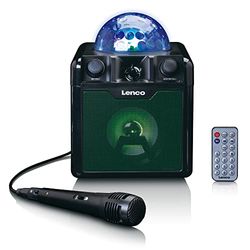 Lenco BTC-055 - Impianto karaoke, altoparlante Bluetooth, effetti di luce, batteria integrata, ingresso USB, lettore di schede micro SD, microfono, telecomando, colore nero, BTC-055BK