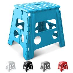 KEPLIN 13 Inch Heavy Duty Folding Step Stool | Non-Slip Foldable Footstool for Toddlers, Children & Adults | Portable, Lightweight Plastic Footstep w/Carrying Handle for Indoor or Outdoor (Blue)