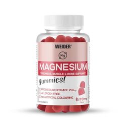 Weider Magnesium Gummies (48 gominolas) Sabor Frambuesa, con 250mg de Magnesio Citrato/dosis, sin gluten, sin alergenos, sin colorantes artificiales, para musculos y huesos, reduce cansancio y fatiga