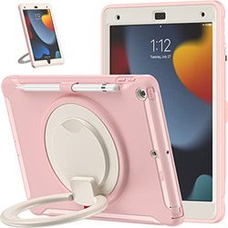 Visaccy Fodral för iPad 9/8/7 generation 10,2 tum, smal silikon TPU stötfångare stötsäkert rustningsfodral med roterbara stativ, pennhållare, rosa