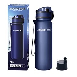 AQUAPHOR City Bottle 500ml Navy | Reiswaterfles met actieve koolfilter | Filters Chloor & Onzuiverheden | Gemaakt van Tritan & BPA-vrij | Blijf gehydrateerd onderweg!