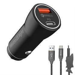 iWotto 18W - Caricatore da auto USB con cavo Type-C - Set di caricabatterie Shark - 2 USB 3.0 di ricarica - Compatibilità con accendisigari e ricarica rapida per dispositivi mobili QI